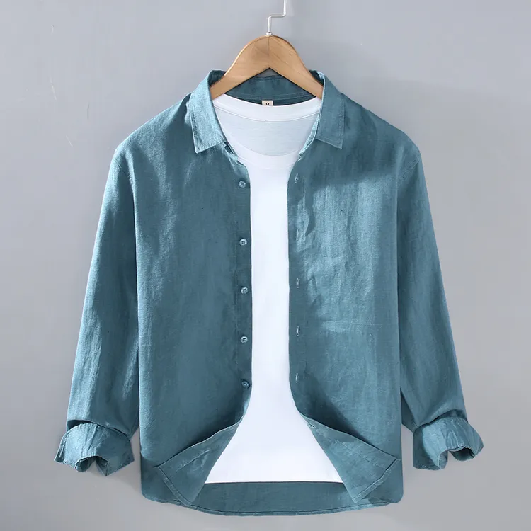 欧洲进口高档纯亚麻衬衫春夏天100%全麻布料衬衣宽松百搭衣服男装