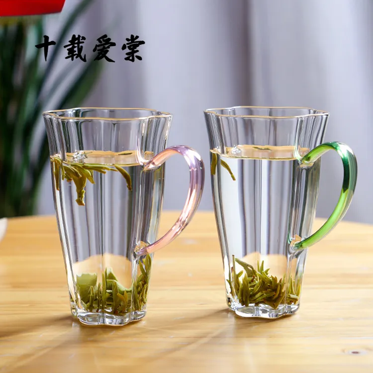 十载爱棠玻璃绿茶杯带把手透明泡茶杯子家用手工无铅水杯子耐高温