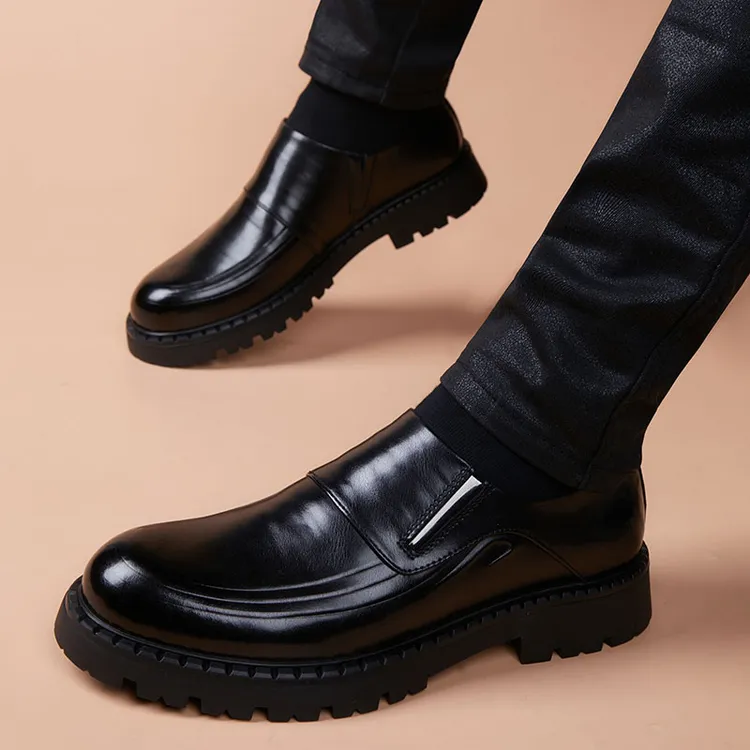 正装皮鞋男冬季新款一脚蹬休闲鞋英伦商务软皮软底内增高真皮男鞋