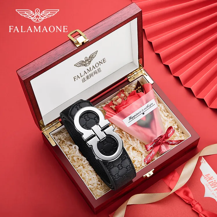 法莱阿玛尼男士新款真皮皮带平滑扣时尚百搭腰带送男友老公礼盒装