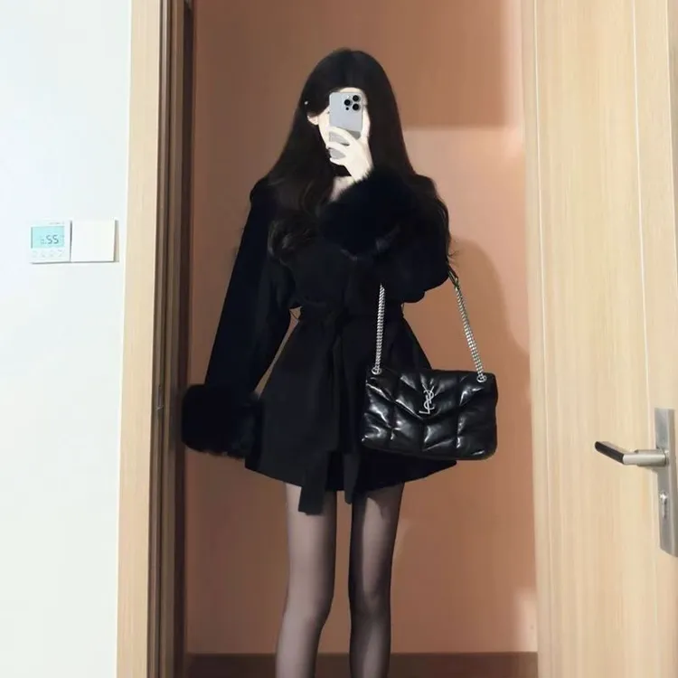 韩系千金风冬季毛呢外套女高级感仿狐狸毛中长款显瘦呢子大衣外套