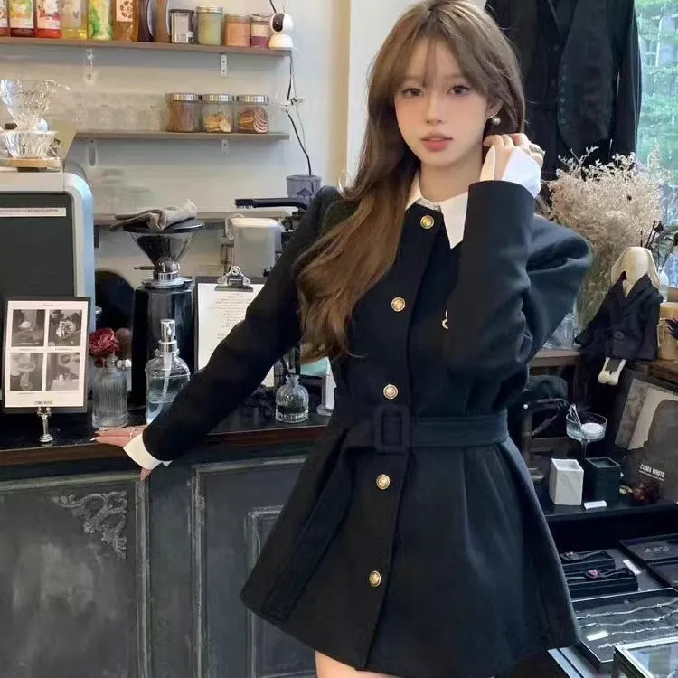 赫本风千金气质小香风系带中长款毛呢大衣黑色秋冬呢子大衣外套女