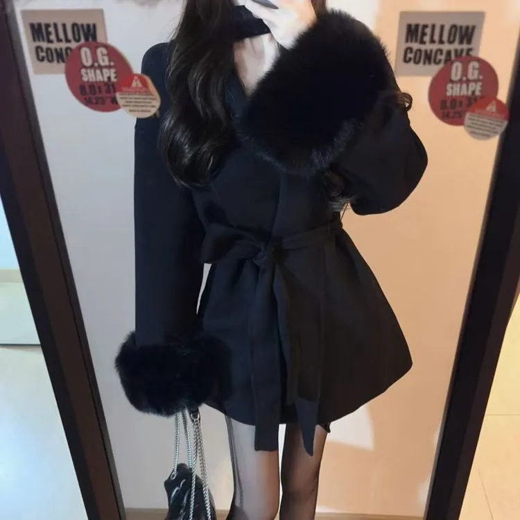韩系千金风新款冬季大衣千金气质高级感仿狐狸毛中长款毛呢外套女
