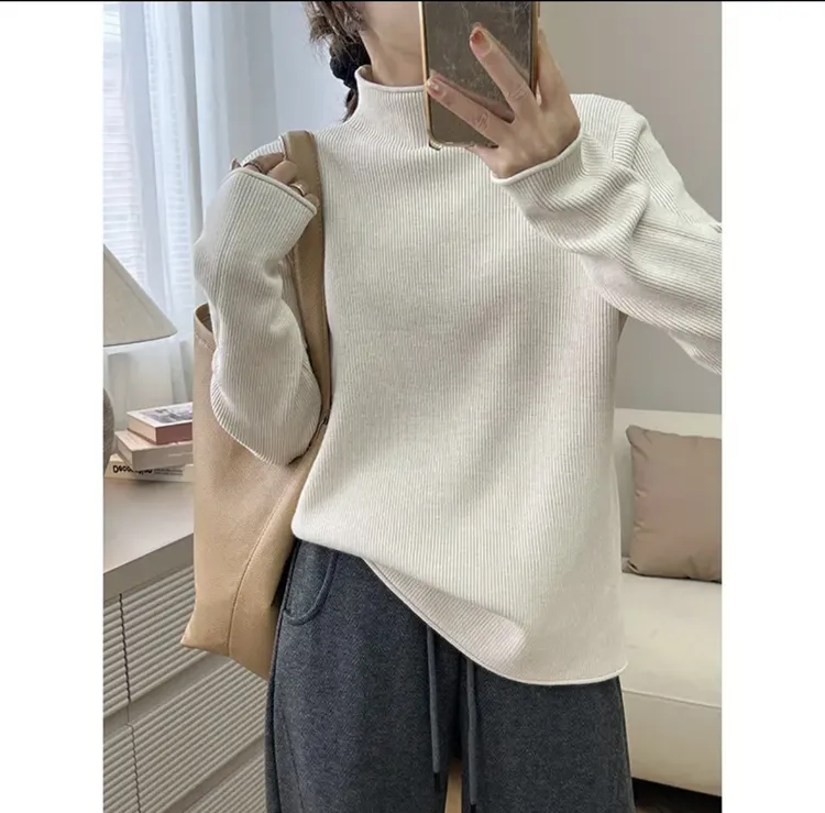 工厂现货6018（90-200斤穿）加厚保暖显瘦百搭卷边小半高领针织毛衣