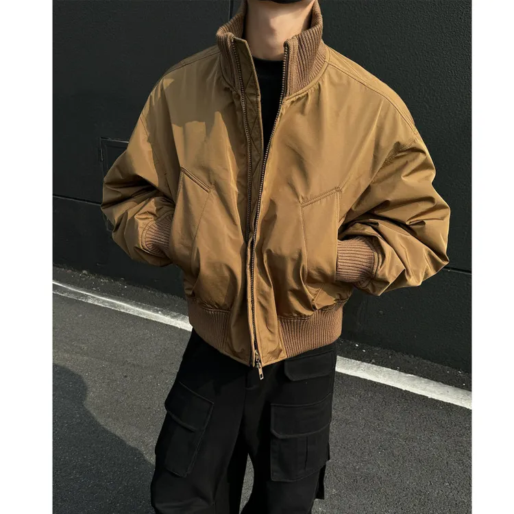 美式棕色飞行员夹克廊形高街立领cleanfit外套短款工装棒球夹棉服