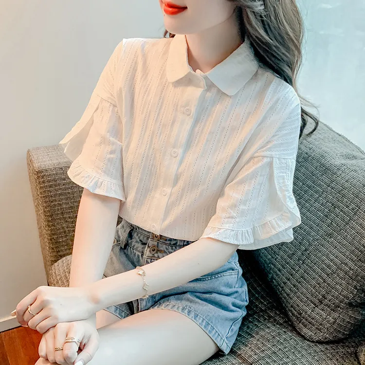 全棉白色衬衫女设计感小众2023夏季新款女装短袖减龄纯棉职业上衣