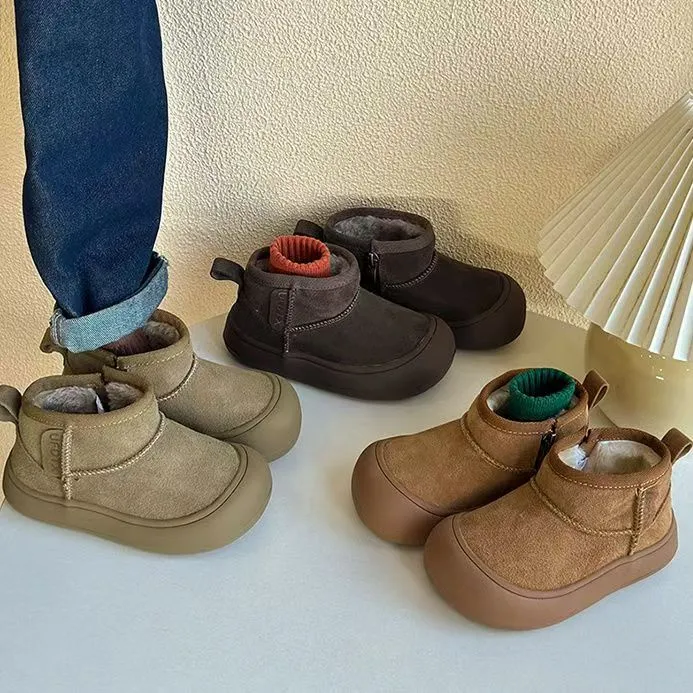 韩版儿童软皮雪地靴男童侧拉链加绒短靴冬季加厚防踢女童保暖棉靴
