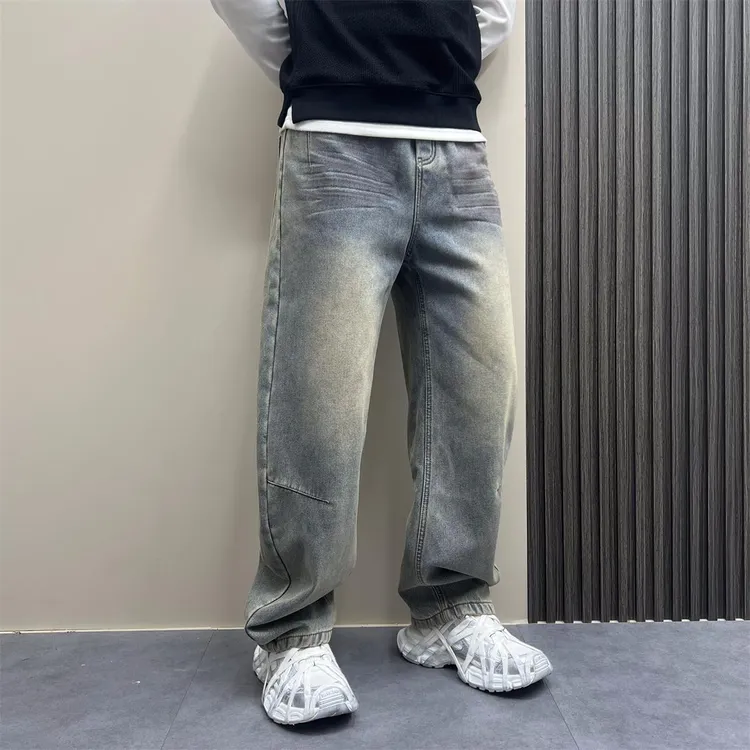 2024冬新季款韩版加绒牛仔裤蓝色水洗渐变潮流宽松直筒做旧直筒裤