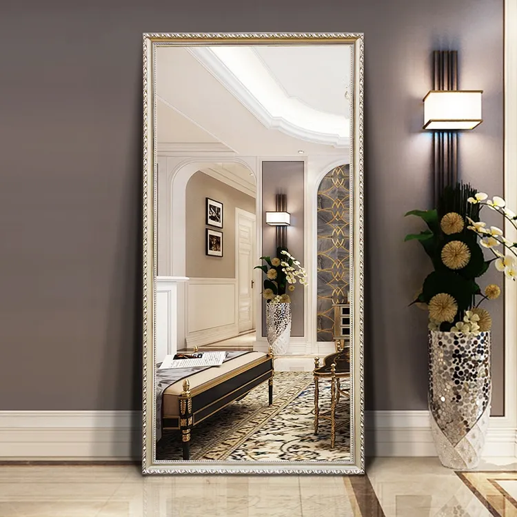 欧式实木穿衣镜挂墙家用落地全身镜复古雕花试衣镜网红防爆大镜子