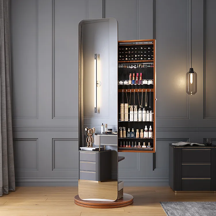 奥沁瑞家用实木穿衣镜试衣镜落地镜带化妆柜挂衣架一体旋转全身镜