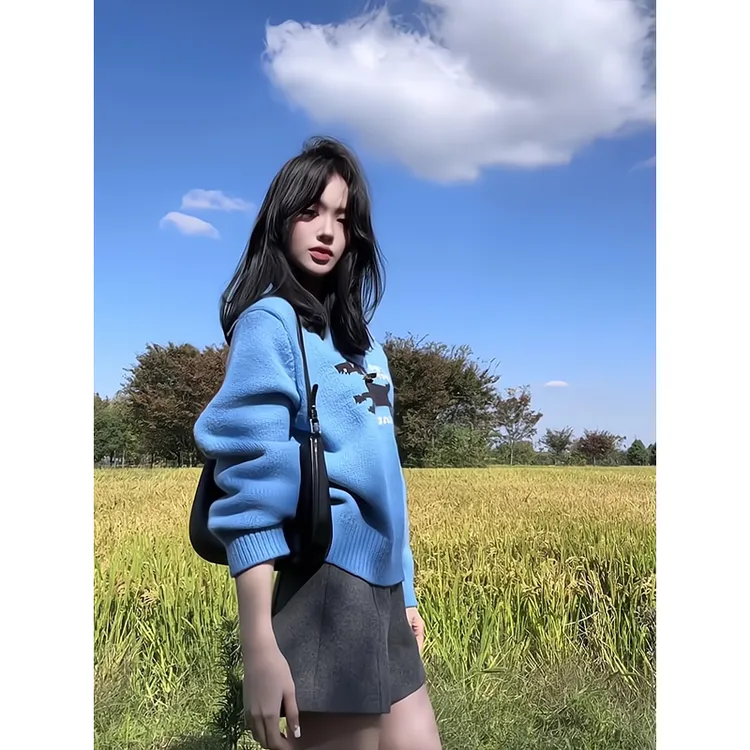 秋冬毛衣蓝色狗狗印花撞色圆领长袖上衣休闲短裤高腰外穿a字靴裤
