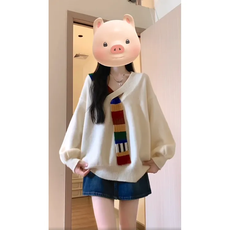 毛针织衫女士秋季长袖宽松显瘦百搭小众套头慵懒风韩版彩带上衣