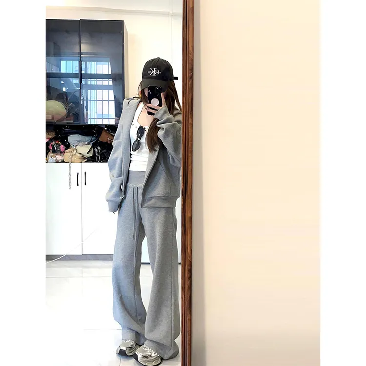 2024早秋新款女士气质简约宽松百搭连帽长袖外套高腰休闲阔腿裤