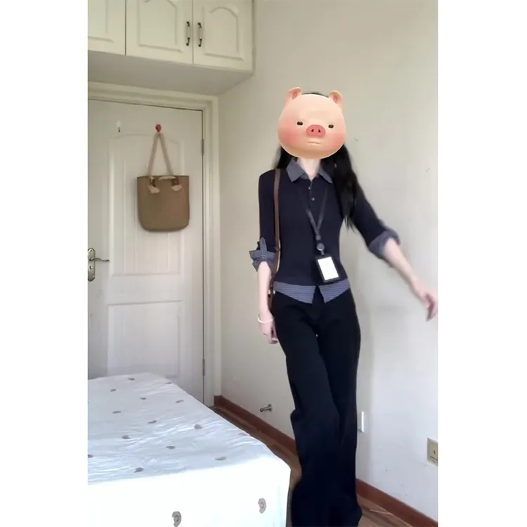 2024新款女士早秋季学院风假两件撞色长袖T恤针织上衣高腰阔腿裤