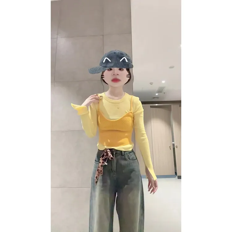2024新款女秋季韩版修身显瘦纯欲风吊带背心长袖针织衫高腰阔腿裤
