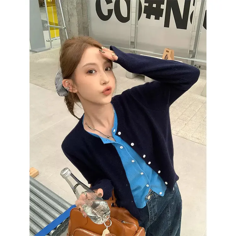 2024新款女士秋季简约风通勤休闲假两件撞色针织开衫高腰阔腿裤