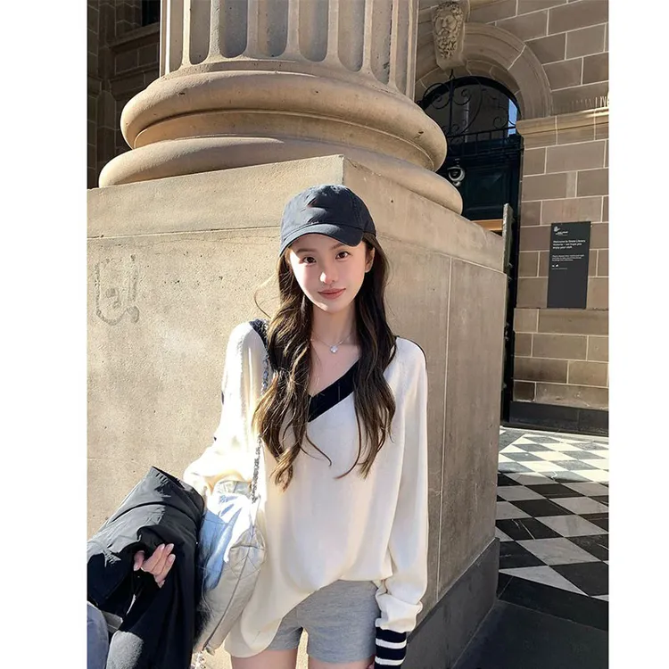 毛针织衫女士秋季拼色长袖宽松显瘦辣妹气质设计感韩版休闲短裤