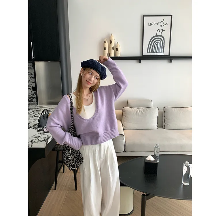 2024新款女士秋季韩版小众设计感大V领针织衫上衣高腰宽松阔腿裤