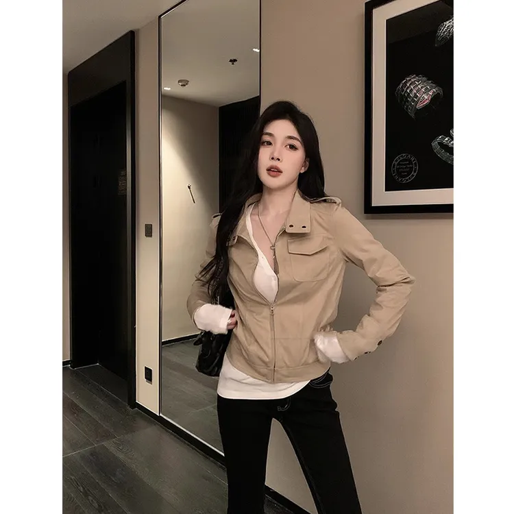 时尚穿搭女士秋季英伦工装风长袖短款小众显瘦百搭夹克上衣裤子