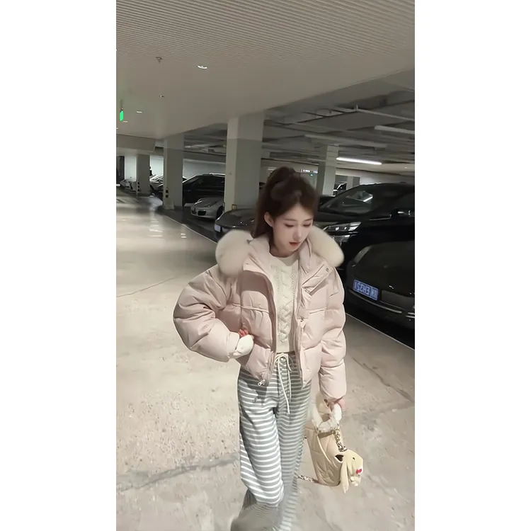 棉服女短款连帽保暖加厚毛毛外套软糯条纹裤遛弯阔腿裤拖地糯米裤