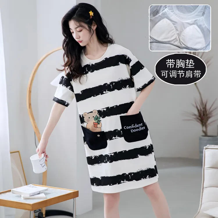 浪莎2024年新款夏季带胸垫睡裙女纯棉短袖短裙小个子可爱卡通睡衣