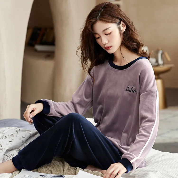 浪莎薄绒睡衣女秋冬款海岛绒可出门家居服春秋加绒加厚珊瑚绒套装