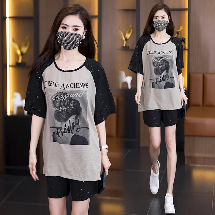休闲运动套装2024夏季时尚洋气设计感重工亮片印花短袖短裤两件套