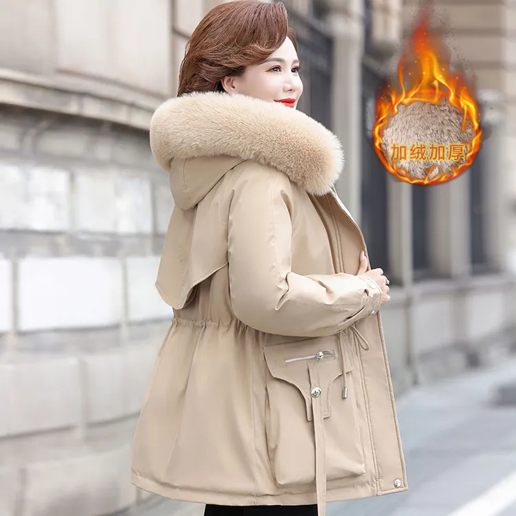 中年妈妈母亲洋气衣服高端高贵加绒外套派克服棉衣中老年女装冬装