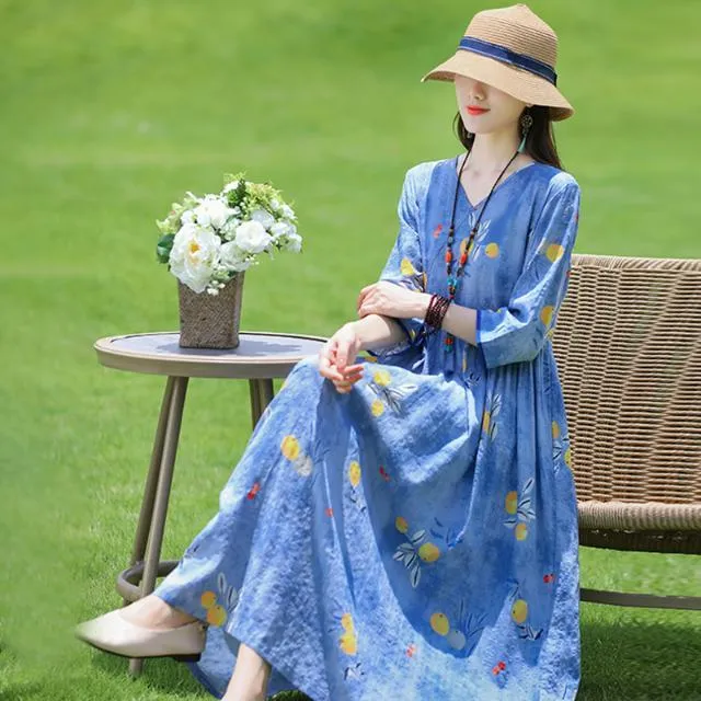 2024年夏季新款复古花色V领抽绳收腰五分袖长款连衣裙长袖加长版