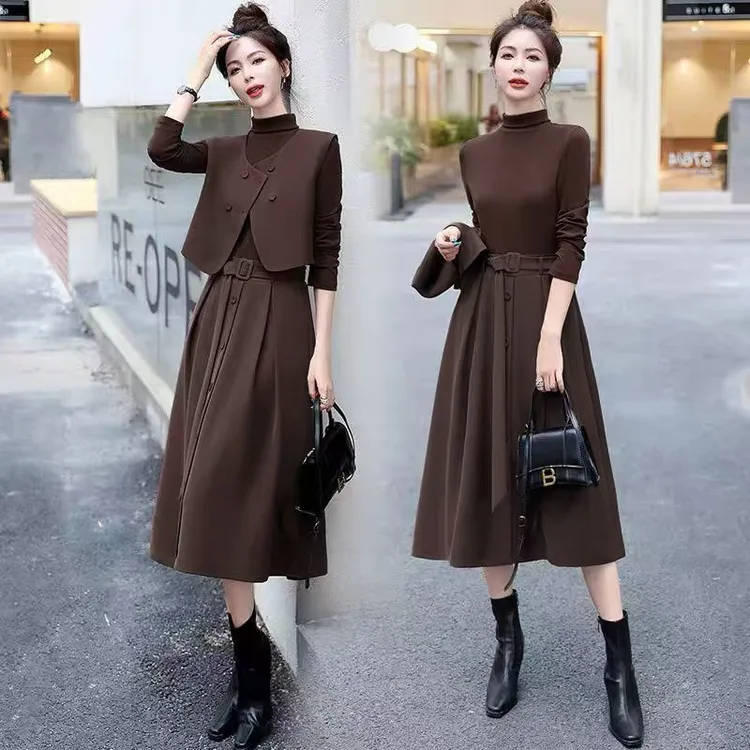 2024初春中长款连衣裙长袖洋气气质修身显瘦遮肚女神范感法式马甲