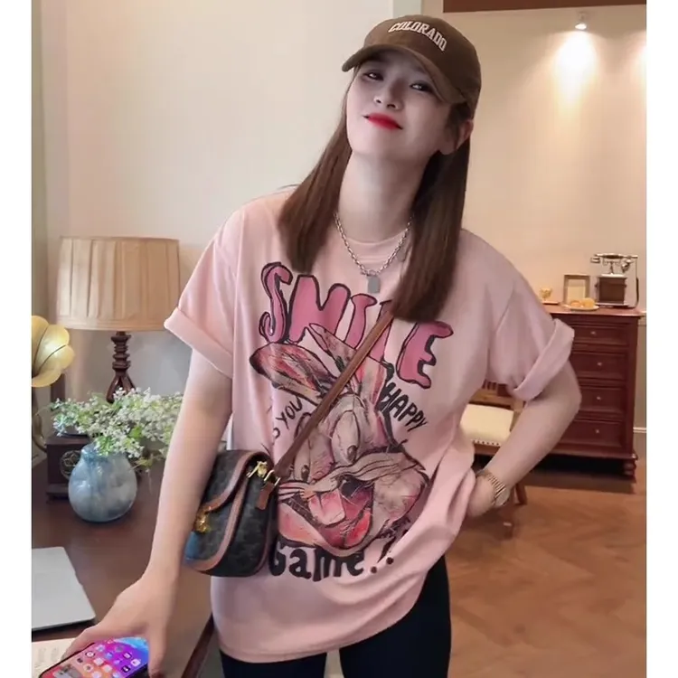 2024年小众百搭宽松显瘦印花短袖上衣女春厦美式洋气圆领打底T恤