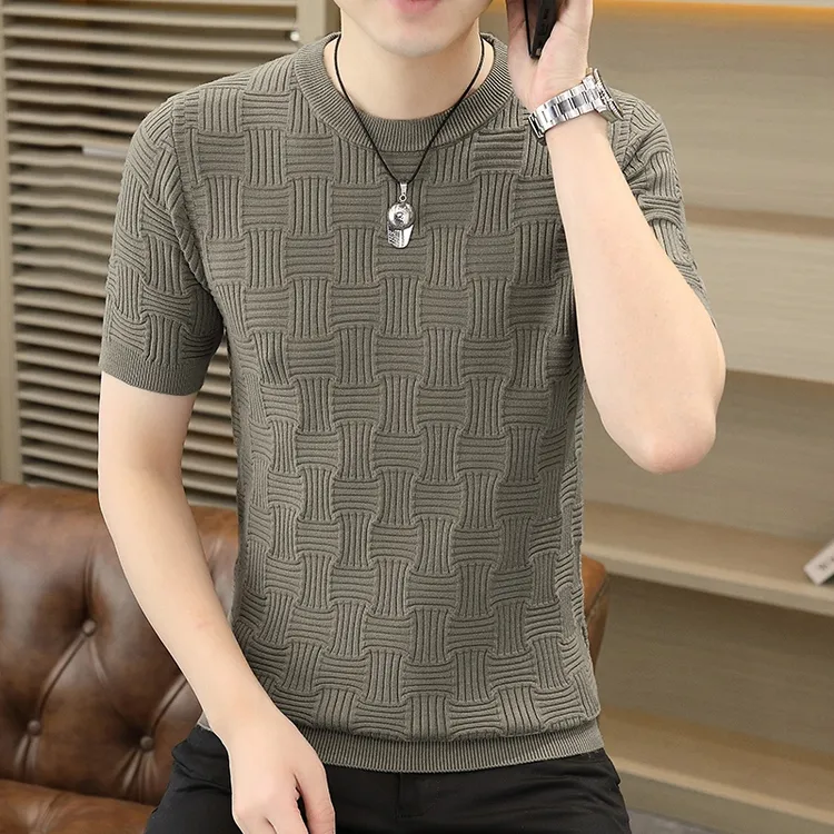 高端男士秋冬针织短袖毛衣男时尚修身冬季打底百搭半袖男士短袖