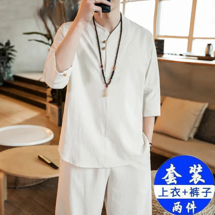 中国风两件套春夏短袖套装男宽松棉麻复古茶汉服禅服和服唐装男款