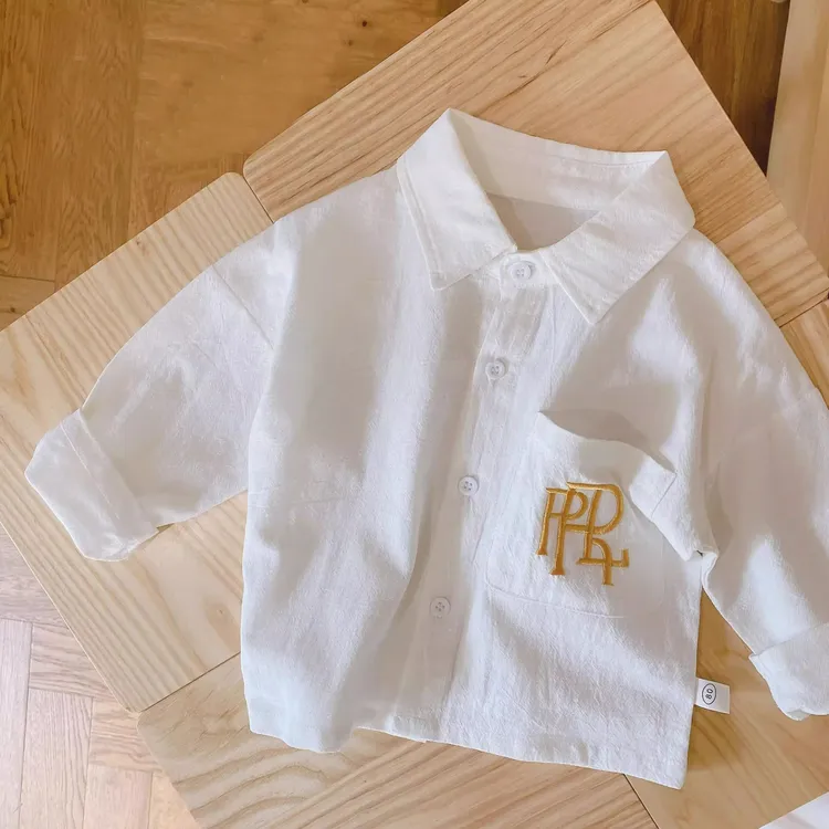 韩版儿童春秋洋气休闲秋季纯色白色薄款小童男童宝宝长袖卡通衬衫