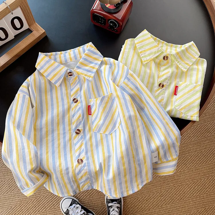 小儿童长袖衬衫外套薄款男童条纹衬衣春装孩洋气休闲上衣宝宝帅气