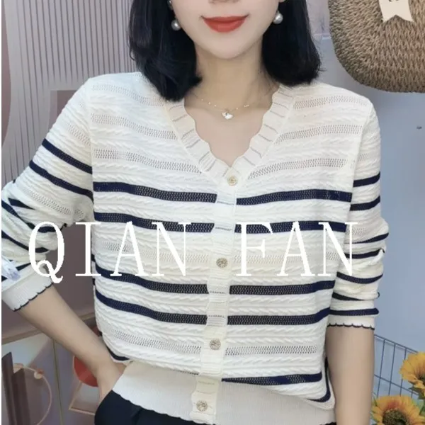 【14针超细】新款时尚条纹上衣显瘦长袖针织衫镂空必备v领显年轻T恤
