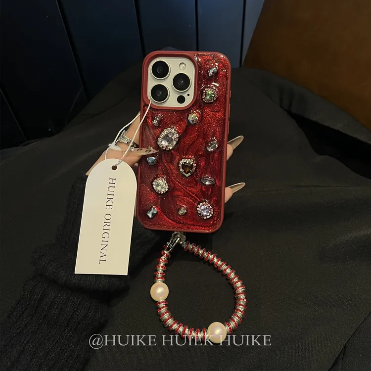 高级酒红色节日红闪钻适用苹果16手机壳iphone15/14/13promax滴胶