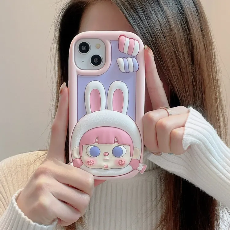 (适用苹果/华为)卡通糖果兔子女孩可爱iPhone15pro立体硅胶手机壳