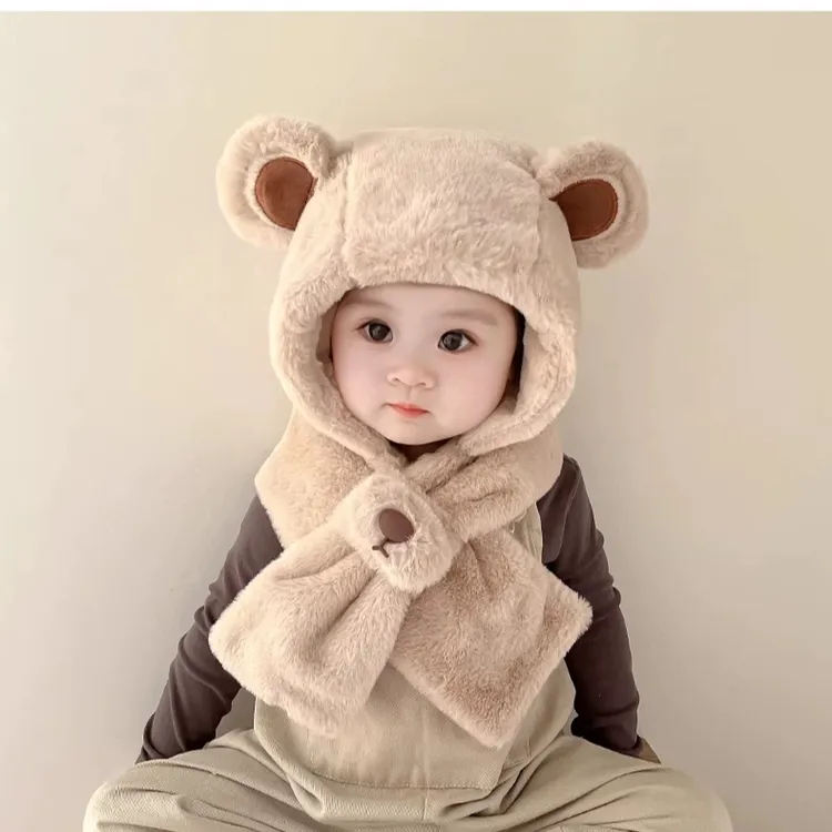 婴儿帽子秋冬季男女童围巾一体小熊毛绒帽冬天儿童加绒加厚防风帽
