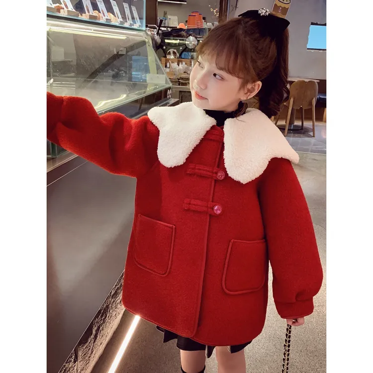 女童秋冬毛呢外套冬装2023新款洋气儿童娃娃领上衣小女孩加绒呢子