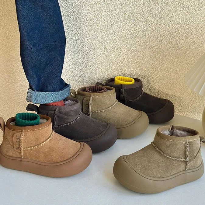 韩版儿童软皮雪地靴男童侧拉链加绒短靴冬季加厚防踢女童保暖棉靴