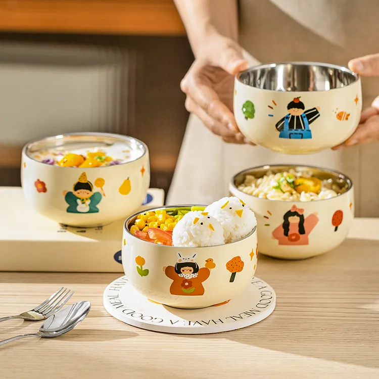 【摩登主妇】一家三口儿童碗食品级不锈钢饭碗餐具宝宝吃饭辅食碗