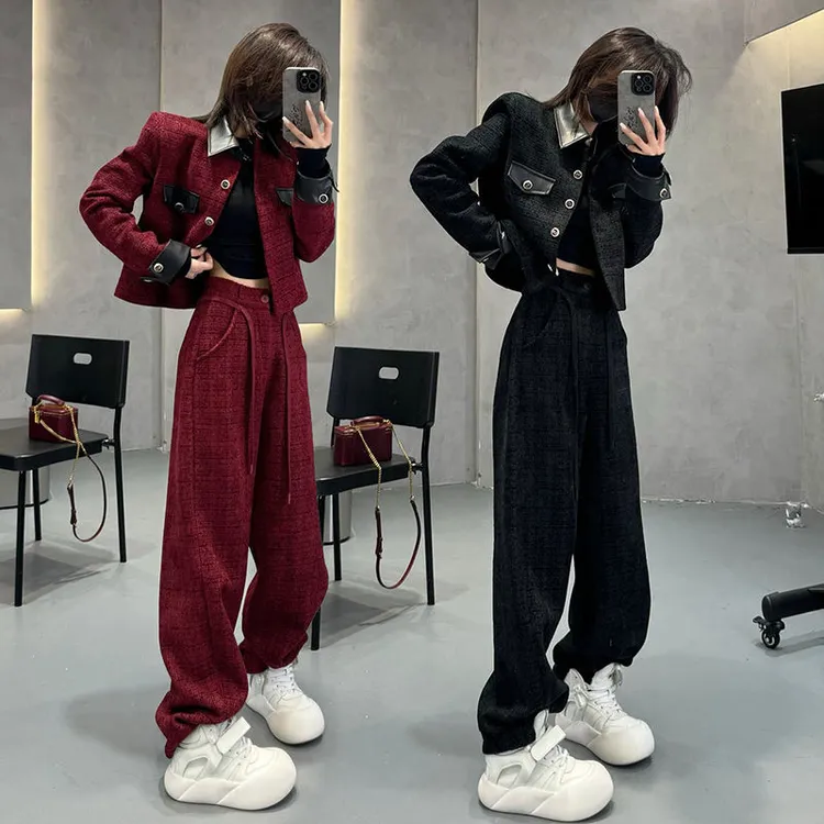 欧货2025春秋新款韩版时尚休闲套装女洋气拼接短外套直筒裤两件套