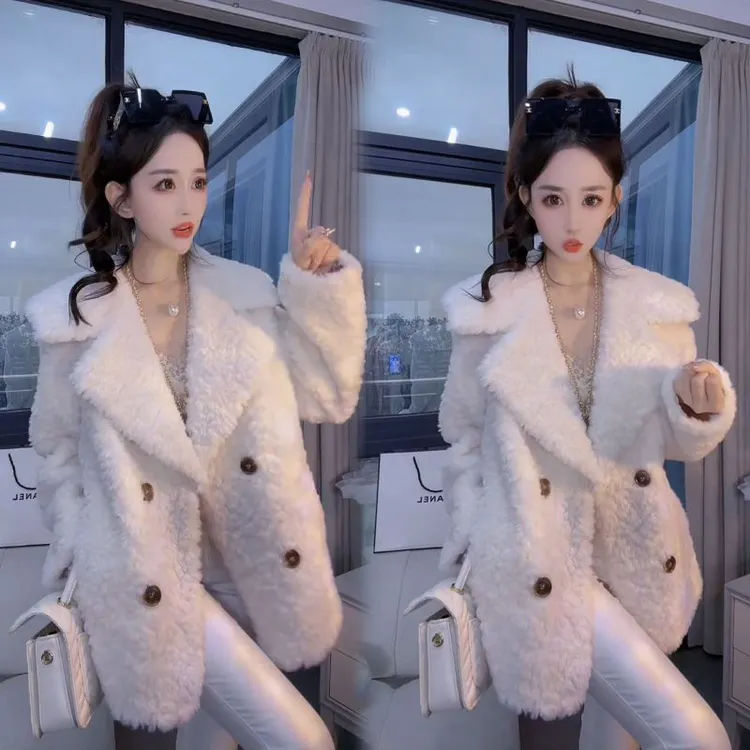 网红同款冬季加厚保暖皮毛一体外套女仿羊羔毛羊剪绒翻领大衣