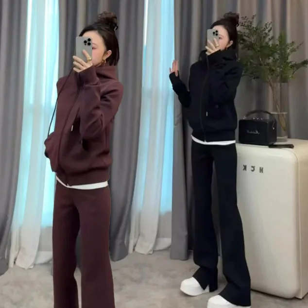 春秋新款休闲运动服套装女韩版洋气百搭连帽长袖卫衣阔腿裤两件套