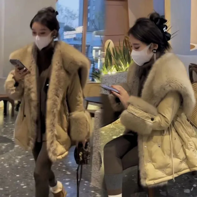 2023冬季新款韩版时尚收腰天使之翼大毛领中长款白鸭羽绒服女外套