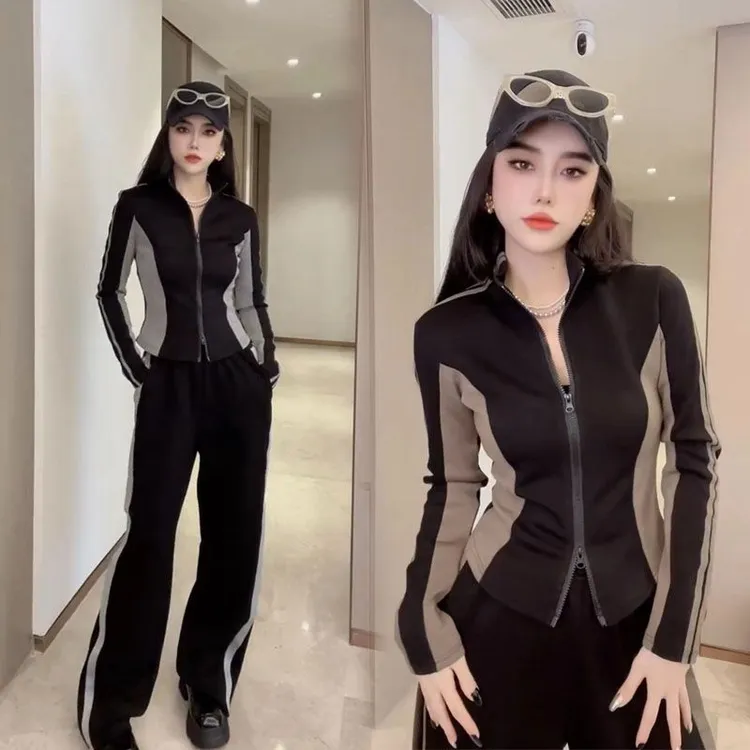 2025春秋新款韩版休闲立领运动服套装女修身设计显瘦阔腿裤两件套