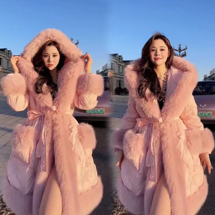 欧货2025冬新款韩版大毛领连帽白鸭绒羽绒服女中长款名媛气质外套