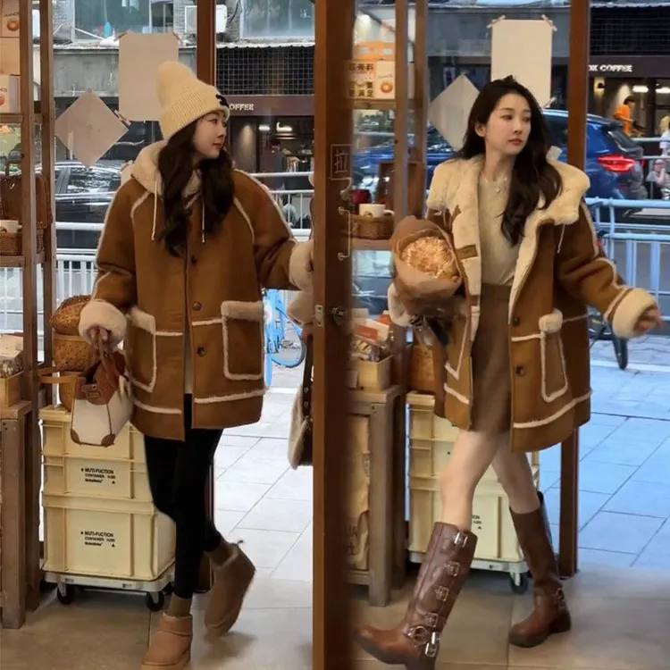 壹冬季新款韩版连帽羊羔毛皮毛一体大衣女中长款鹿皮绒加绒厚外套
