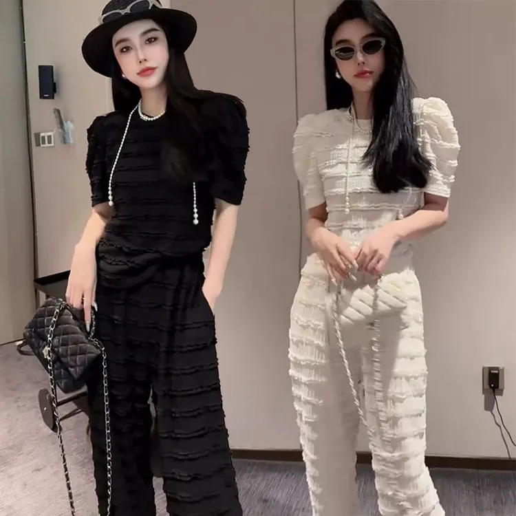 2025夏季新款韩版洋气时尚套装女百搭短袖上衣直筒阔腿裤两件套潮